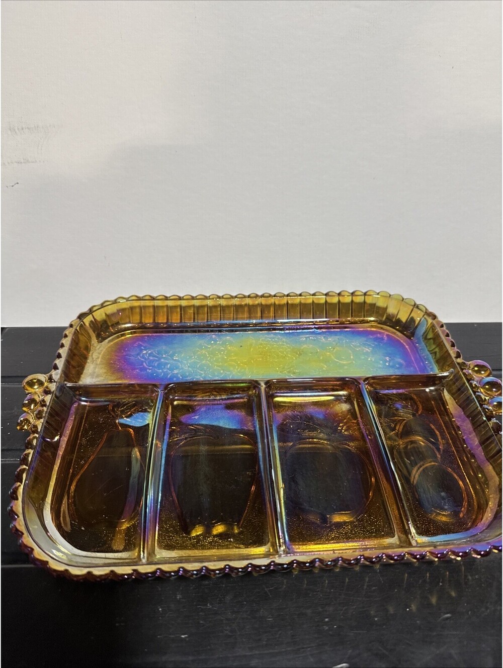Vtg Carnival Glass Iridescent Amber Relish Fruit Divided Serving Tray Holiday